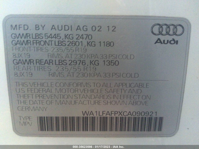 2012 AUDI Q5 2.0T PREMIUM PLUS VIN: WA1LFAFPXCA090921