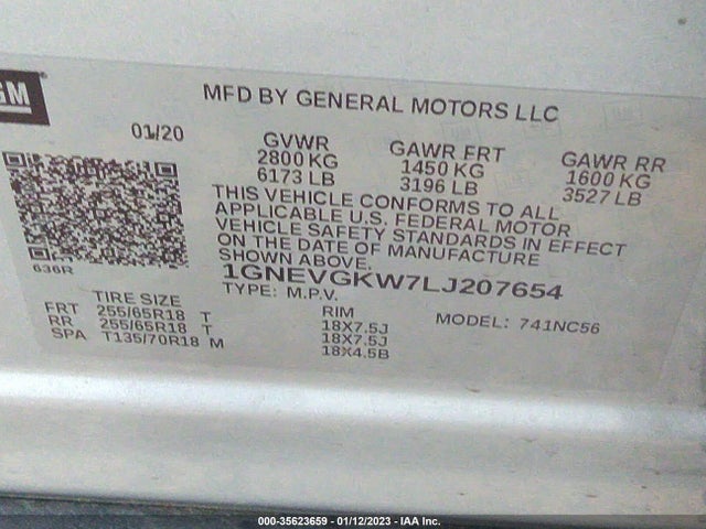 Chevrolet Traverse Lt Cloth 2020 1GNEVGKW7LJ207654 Image 9
