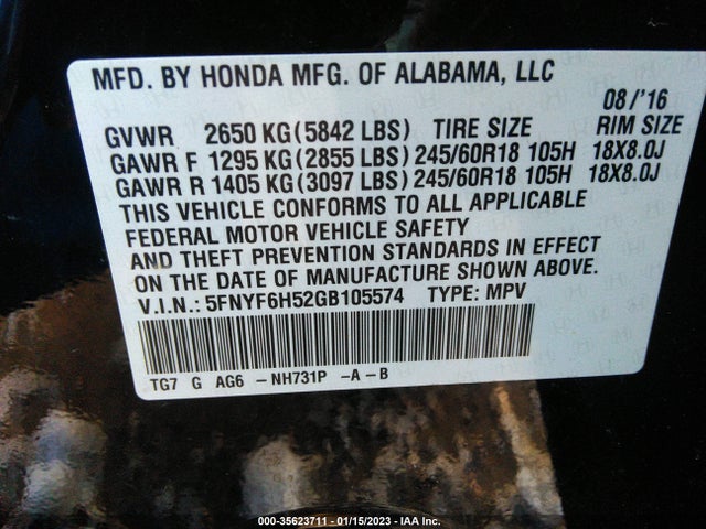 2016 Honda Pilot, VIN: 5FNYF6H52GB105574