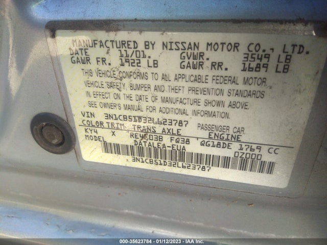 2002 NISSAN SENTRA GXE VIN: 3N1CB51D32L623787