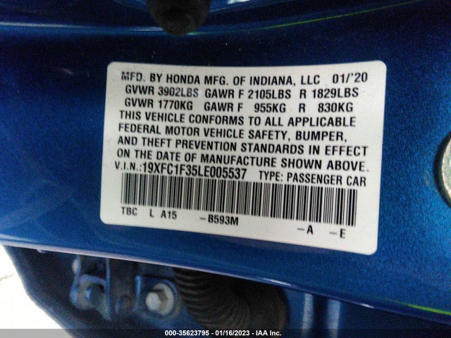 2020 HONDA CIVIC SEDAN EX VIN: 19XFC1F35LE005537