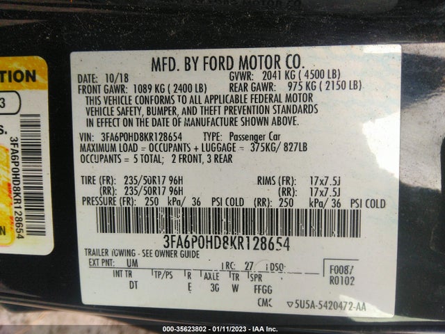 2019 Ford Fusion, VIN: 3FA6P0HD8KR128654