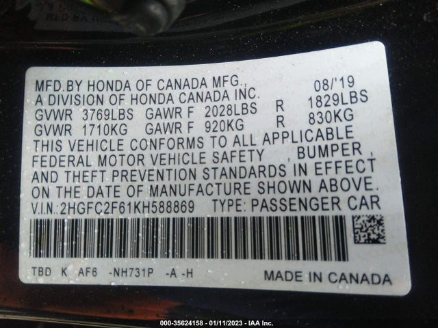 Honda Civic Sedan Lx 2019 2HGFC2F61KH588869 Image 9