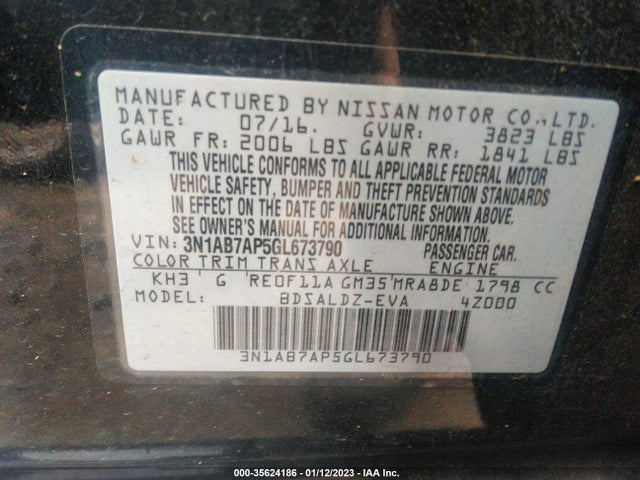2016 NISSAN SENTRA SV VIN: 3N1AB7AP5GL673790