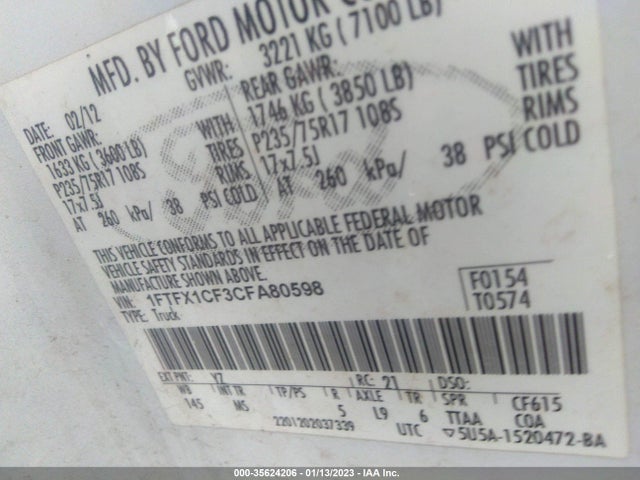 2012 FORD F-150 XL/STX/XLT/FX2/LARIAT VIN: 1FTFX1CF3CFA80598