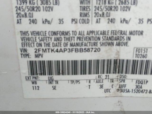 2015 FORD EDGE SPORT VIN: 2FMTK4AP3FBB58720