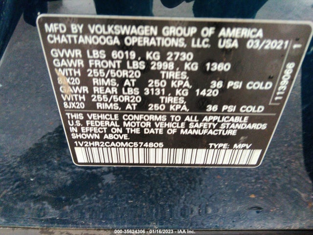 2021 VOLKSWAGEN ATLAS 3.6L V6 SE W/TECHNOLOGY VIN: 1V2HR2CA0MC574805