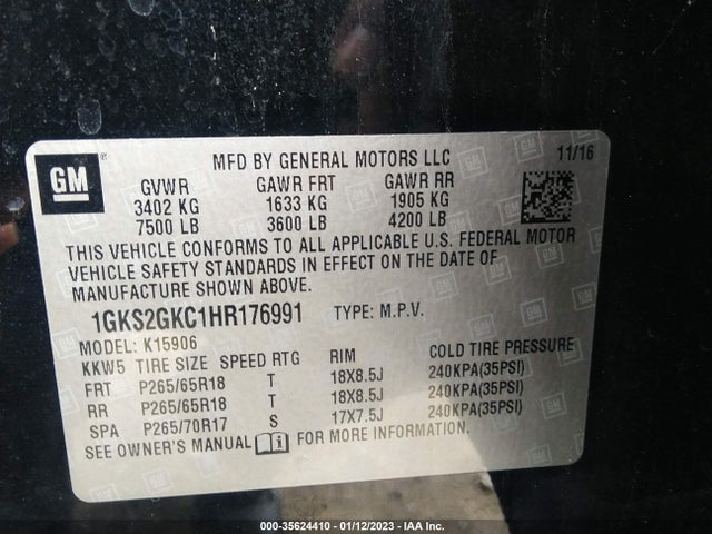 GMC Yukon Xl Slt 2017 1GKS2GKC1HR176991 Image 11