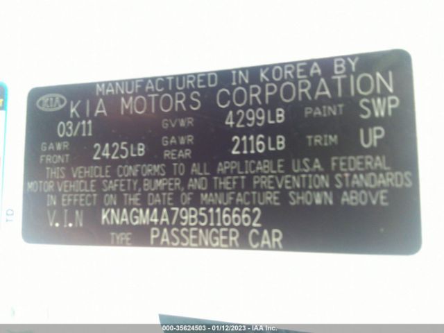 KNAGM4A79B5116662 KIA Optima Lx