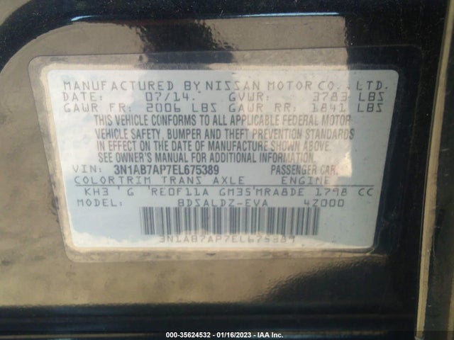 2014 NISSAN SENTRA SV VIN: 3N1AB7AP7EL675389