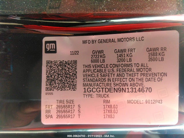 2022 Chevrolet Colorado, VIN: 1GCGTDEN9N1314670