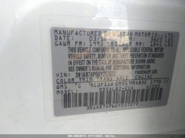 2016 NISSAN SENTRA S VIN: 3N1AB7AP6GY257072