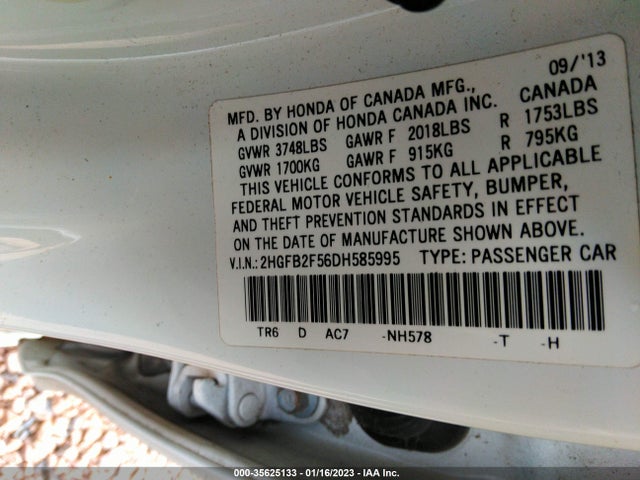 2013 HONDA CIVIC SDN LX VIN: 2HGFB2F56DH585995