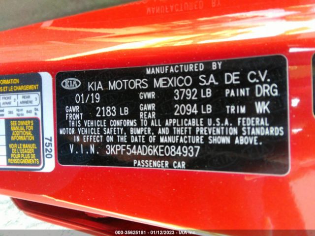 3KPF54AD6KE084937 KIA FORTE EX