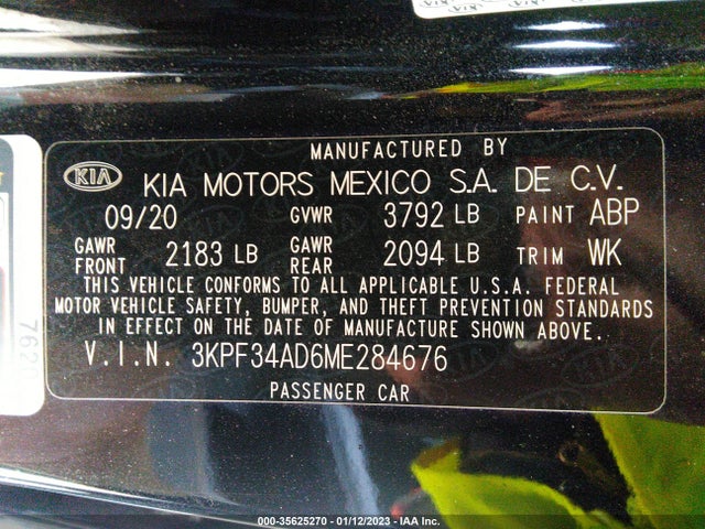 2021 KIA FORTE GT LINE VIN: 3KPF34AD6ME284676