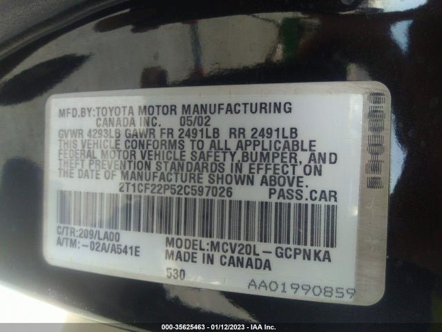 2002 TOYOTA CAMRY SOLARA SE/SLE VIN: 2T1CF22P52C597026