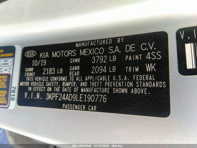 2020 KIA FORTE LXS VIN: 3KPF24AD9LE190776