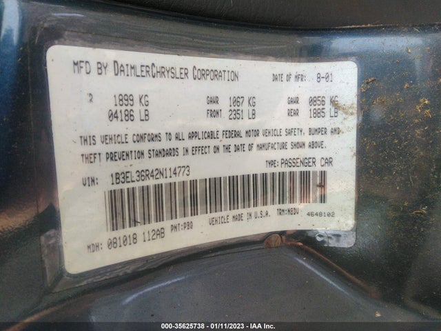 2002 DODGE STRATUS SE VIN: 1B3EL36R42N114773