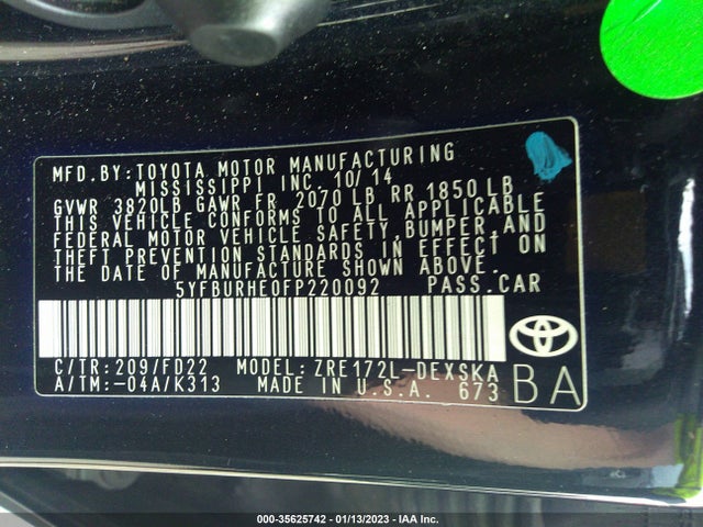 2015 TOYOTA COROLLA L/LE/S/S PLUS/LE PLUS VIN: 5YFBURHE0FP220092