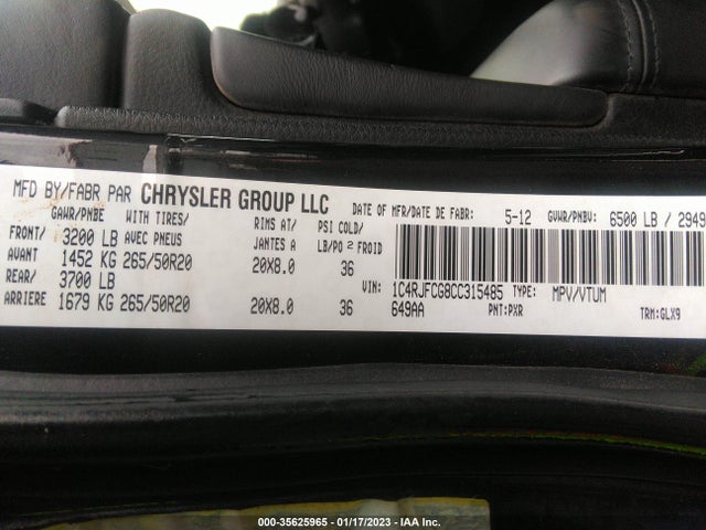 2012 JEEP GRAND CHEROKEE OVERLAND VIN: 1C4RJFCG8CC315485