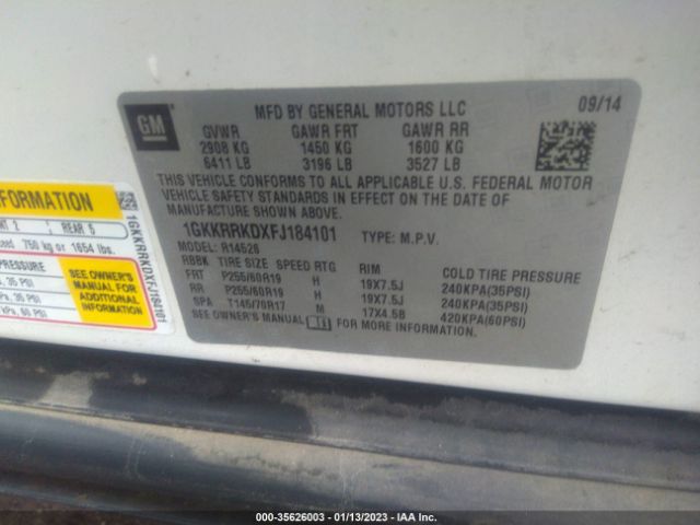 1GKKRRKDXFJ184101 GMC ACADIA SLT