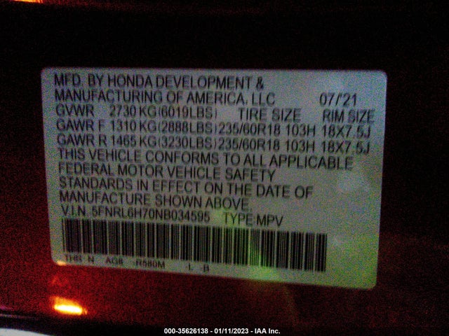 2022 Honda Odyssey, VIN: 5FNRL6H70NB034595