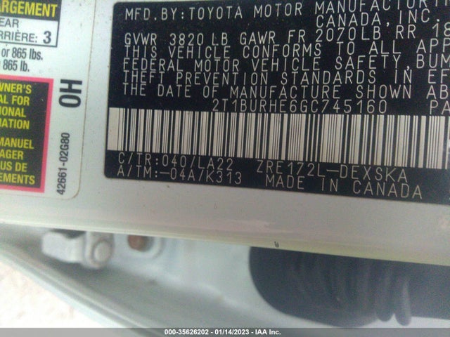 2016 TOYOTA COROLLA L/LE/S/S PLUS/LE PLUS VIN: 2T1BURHE6GC745160