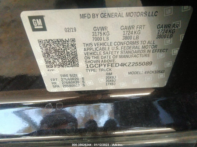 2019 CHEVROLET SILVERADO 1500 LT TRAIL BOSS VIN: 1GCPYFED4KZ255089
