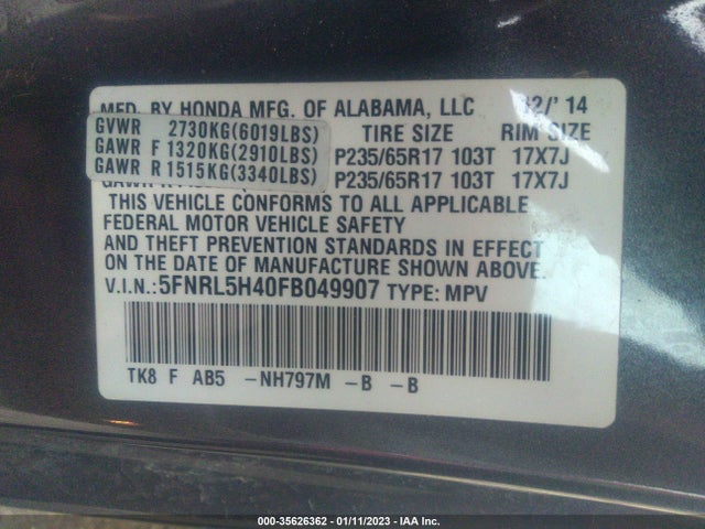 2015 HONDA ODYSSEY EX VIN: 5FNRL5H40FB049907