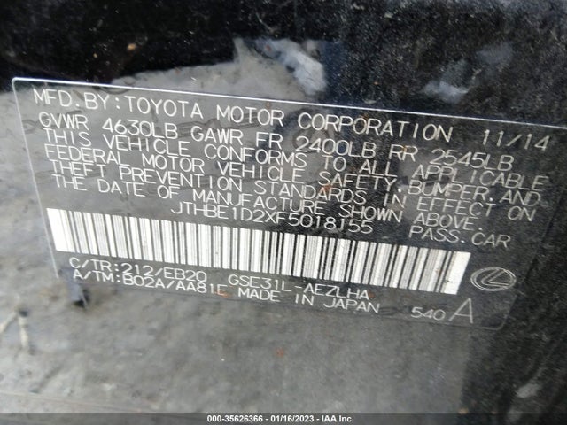 2015 Lexus IS, VIN: JTHBE1D2XF5018155