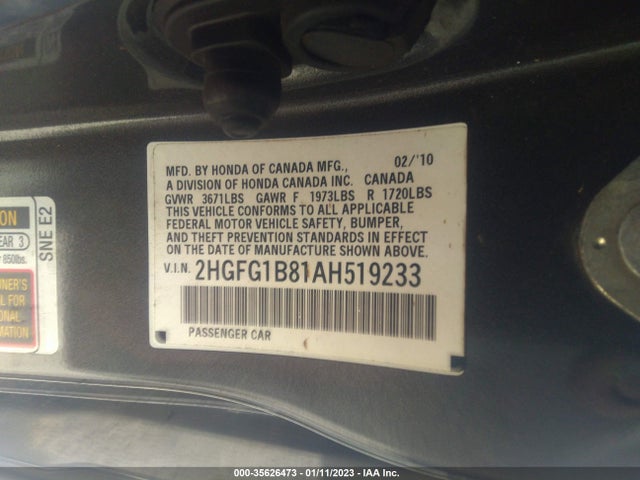 2010 HONDA CIVIC CPE EX VIN: 2HGFG1B81AH519233