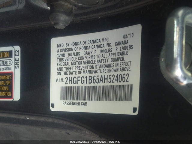 2010 HONDA CIVIC CPE LX VIN: 2HGFG1B65AH524062