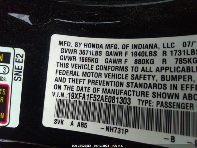 2010 HONDA CIVIC SDN LX VIN: 19XFA1F52AE081303