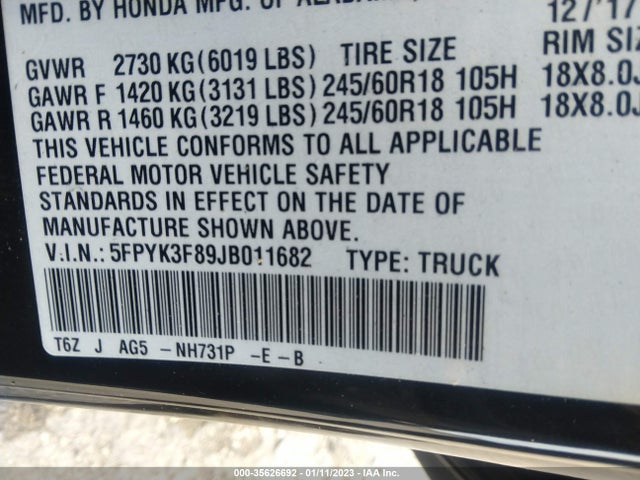 Honda Ridgeline Black Edition 2018 5FPYK3F89JB011682 Image 9