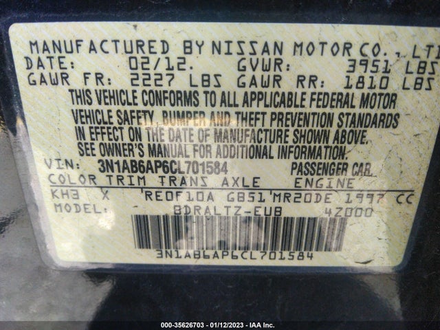 2012 NISSAN SENTRA 2.0 S VIN: 3N1AB6AP6CL701584