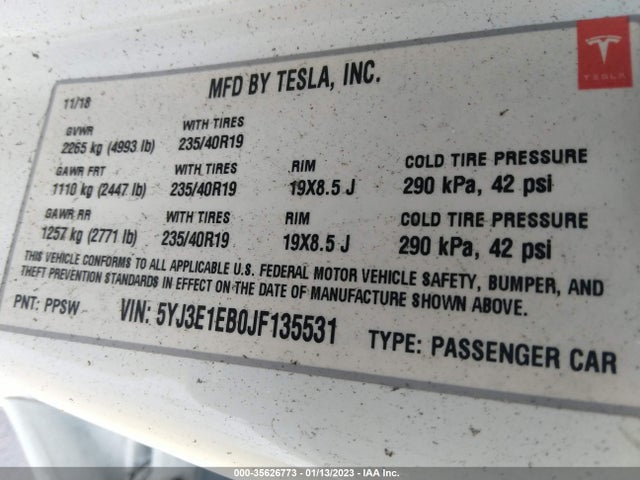 2018 Tesla 3, VIN: 5YJ3E1EB0JF135531