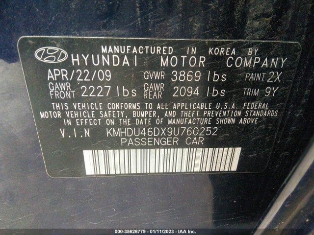 35626779 :رقم المزاد ، KMHDU46DX9U760252 vin ، 2009 Hyundai Elantra Se Pzev مزاد بيع