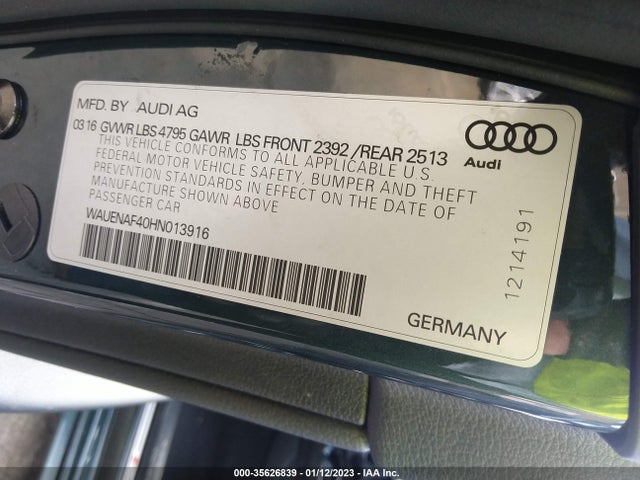 2017 AUDI A4 PREMIUM PLUS VIN: WAUENAF40HN013916