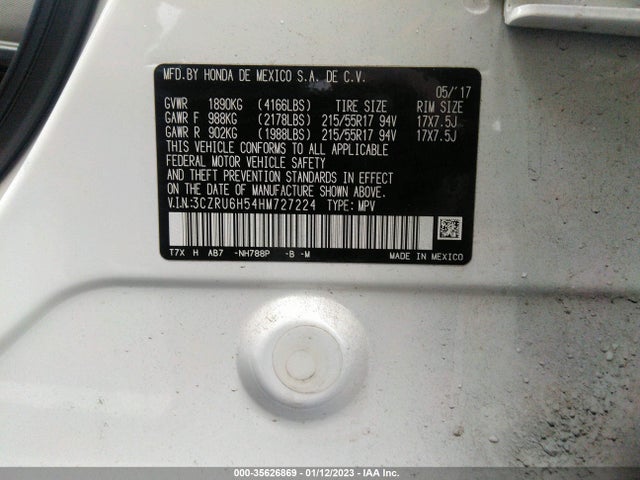 2017 Honda HR-V, VIN: 3CZRU6H54HM727224