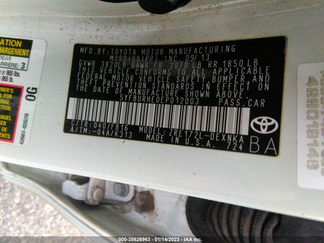 2014 TOYOTA COROLLA L/LE/S/S PLUS/LE PLUS VIN: 5YFBURHE0EP012003