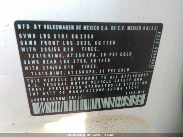 3VV3B7AX9NM158130 Volkswagen TIGUAN SE