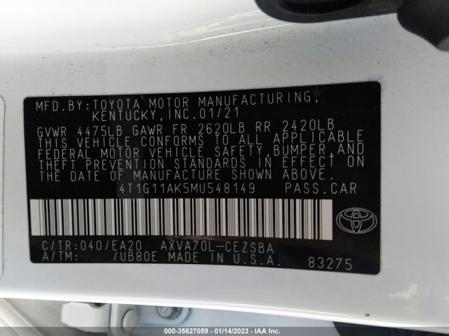 2021 Toyota Camry, VIN: 4T1G11AK5MU548149