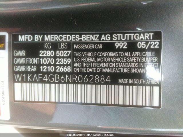 2022 Mercedes-Benz C-Class, VIN: W1KAF4GB6NR062884