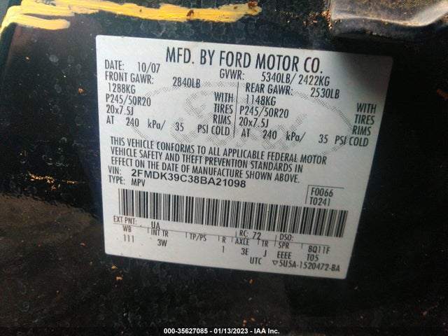 2008 FORD EDGE LIMITED VIN: 2FMDK39C38BA21098
