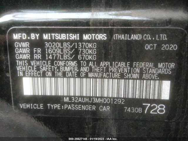 ML32AUHJ3MH001292 Mitsubishi Mirage Es/le/carbonite Edition