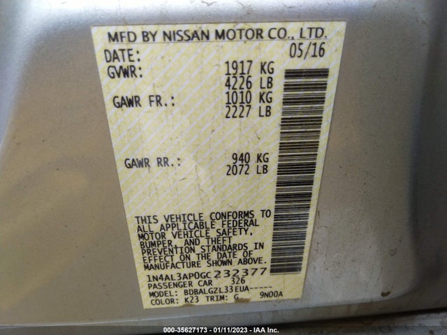 2016 NISSAN ALTIMA 2.5 VIN: 1N4AL3AP0GC232377