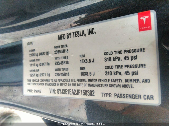 Tesla MODEL 3 2018 5YJ3E1EA2JF158302 Image 9