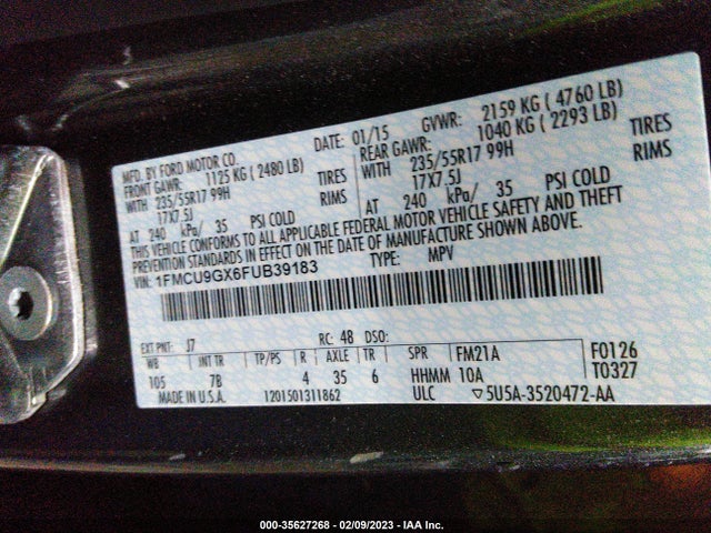 2015 Ford Escape, VIN: 1FMCU9GX6FUB39183