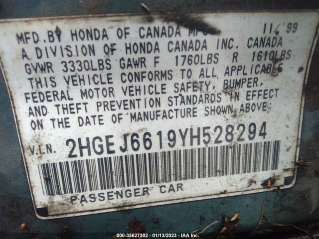 2000 HONDA CIVIC VP VIN: 2HGEJ6619YH528294
