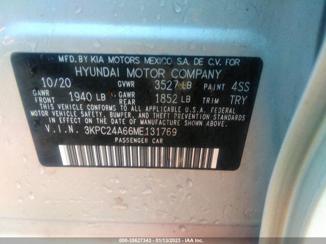 35627343 :رقم المزاد ، 3KPC24A66ME131769 vin ، 2021 Hyundai Accent Se مزاد بيع